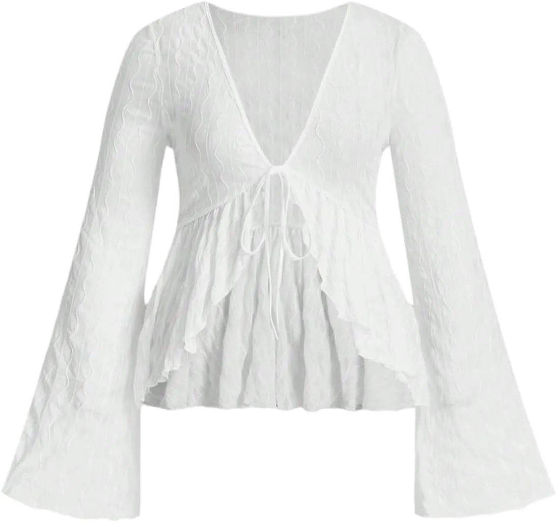 Floerns Women's Plus Size Flare Sleeve Tie Front Tops Ruffle Hem V Neck Tee Shirts