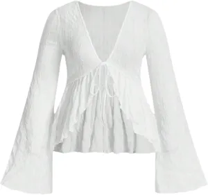 Floerns Women's Plus Size Flare Sleeve Tie Front Tops Ruffle Hem V Neck Tee Shirts