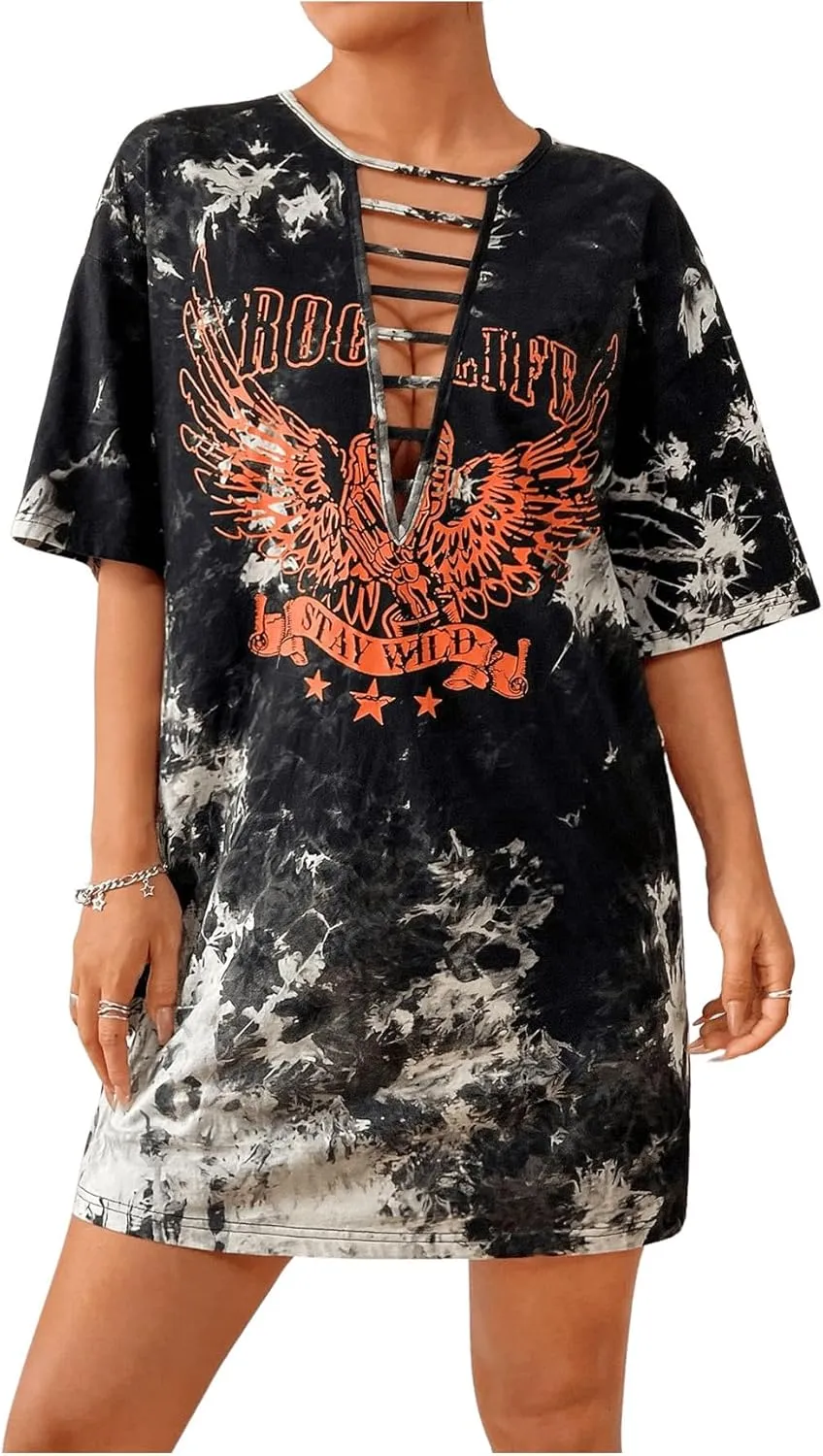 Floerns Women's Tie Dye Graphic Print Short Sleeve Cut Out Drop Shoulder Tee Dress