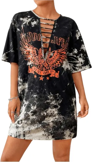 Floerns Women's Tie Dye Graphic Print Short Sleeve Cut Out Drop Shoulder Tee Dress