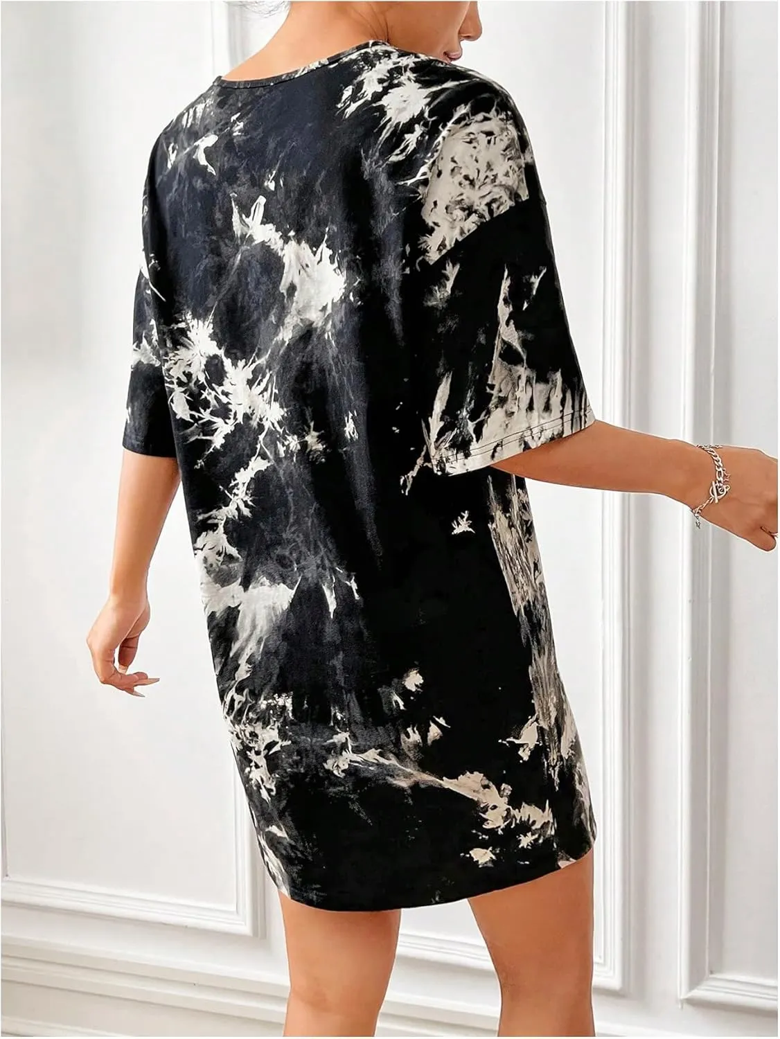 Floerns Women's Tie Dye Graphic Print Short Sleeve Cut Out Drop Shoulder Tee Dress