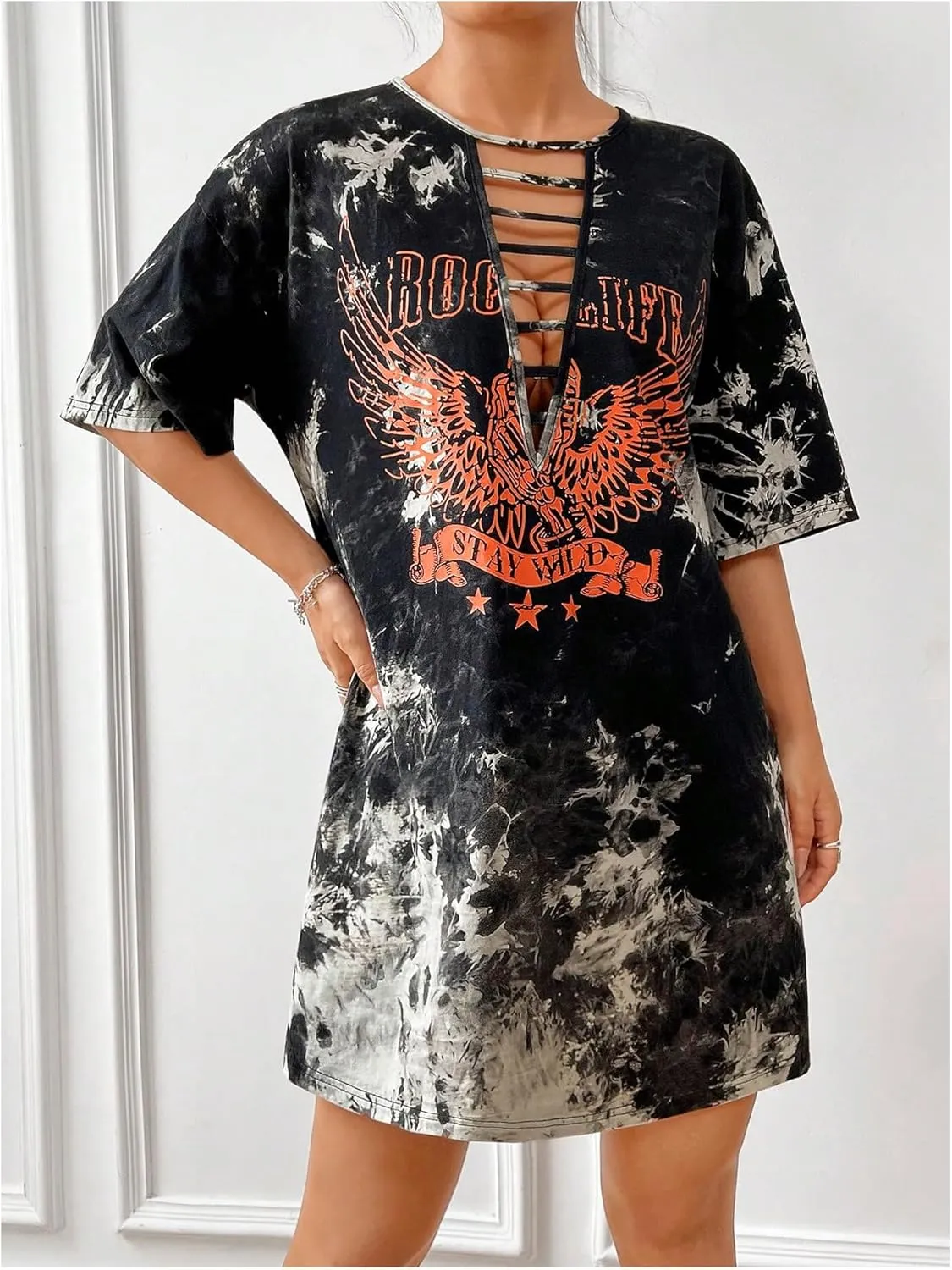 Floerns Women's Tie Dye Graphic Print Short Sleeve Cut Out Drop Shoulder Tee Dress