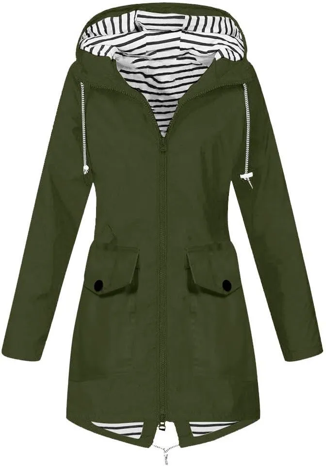 Fluffy Jackets for Women Women Solid Rain Jacket Outdoor Plus Size Hooded Windproof Loose Coat