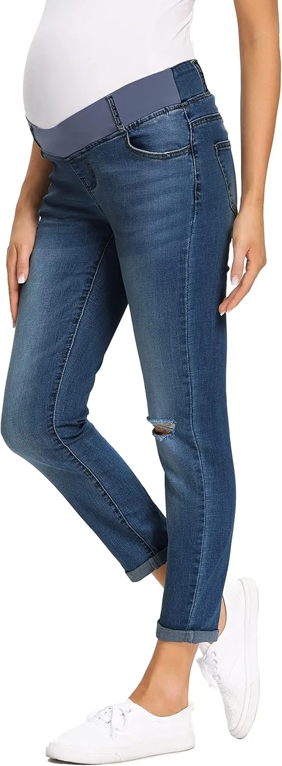 Foucome Women's Maternity Jeans Stretch Ripped Boyfriend Jeans Pregnancy Denim Pants with Pockets