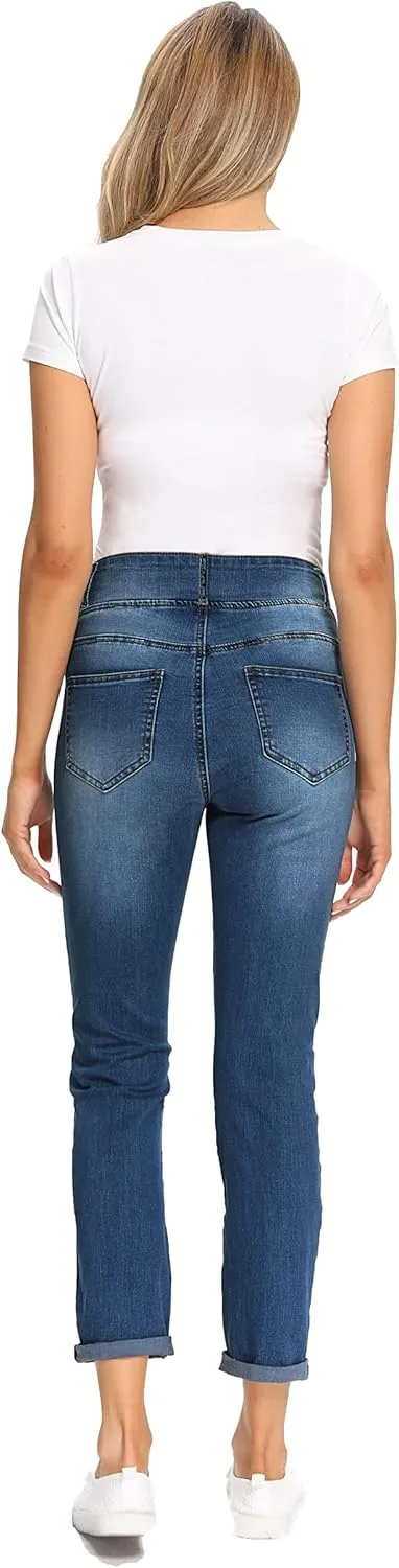 Foucome Women's Maternity Jeans Stretch Ripped Boyfriend Jeans Pregnancy Denim Pants with Pockets