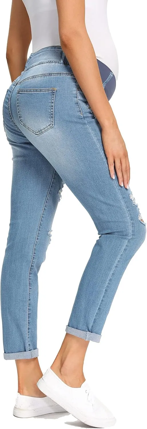 Foucome Women's Maternity Jeans Stretch Ripped Boyfriend Jeans Pregnancy Denim Pants with Pockets