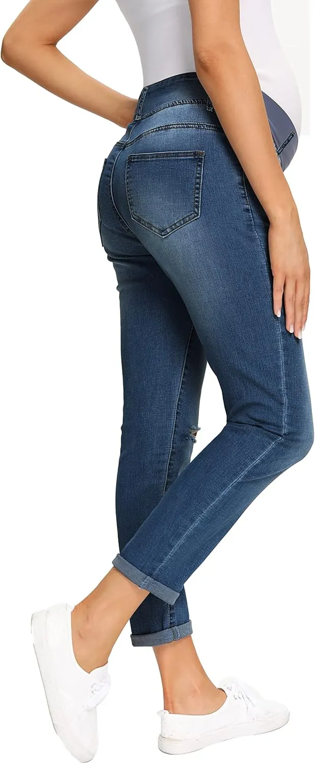 Foucome Women's Maternity Jeans Stretch Ripped Boyfriend Jeans Pregnancy Denim Pants with Pockets