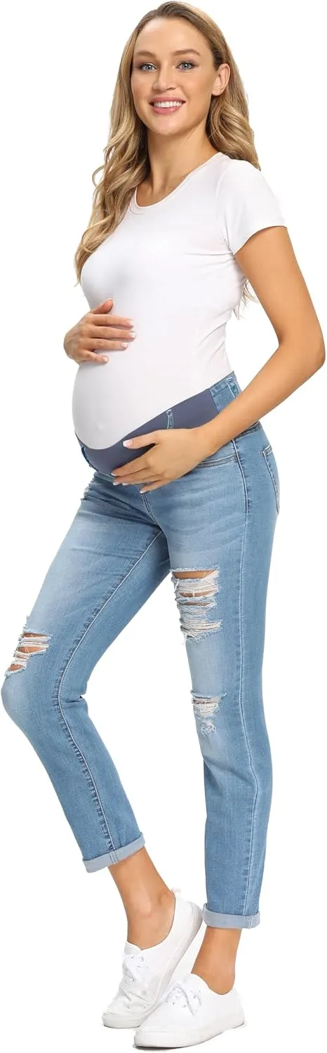 Foucome Women's Maternity Jeans Stretch Ripped Boyfriend Jeans Pregnancy Denim Pants with Pockets