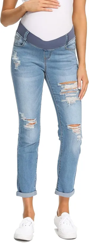 Foucome Women's Maternity Jeans Stretch Ripped Boyfriend Jeans Pregnancy Denim Pants with Pockets