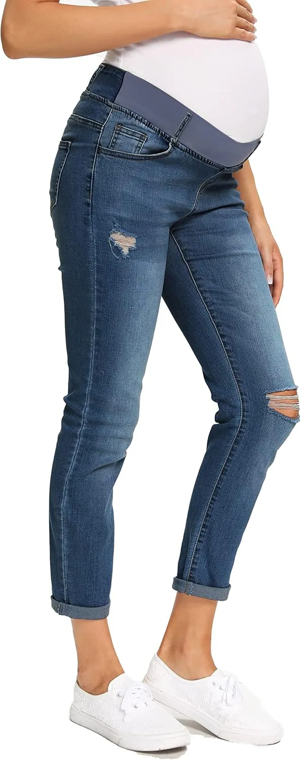 Foucome Women's Maternity Jeans Stretch Ripped Boyfriend Jeans Pregnancy Denim Pants with Pockets