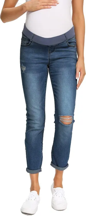 Foucome Women's Maternity Jeans Stretch Ripped Boyfriend Jeans Pregnancy Denim Pants with Pockets
