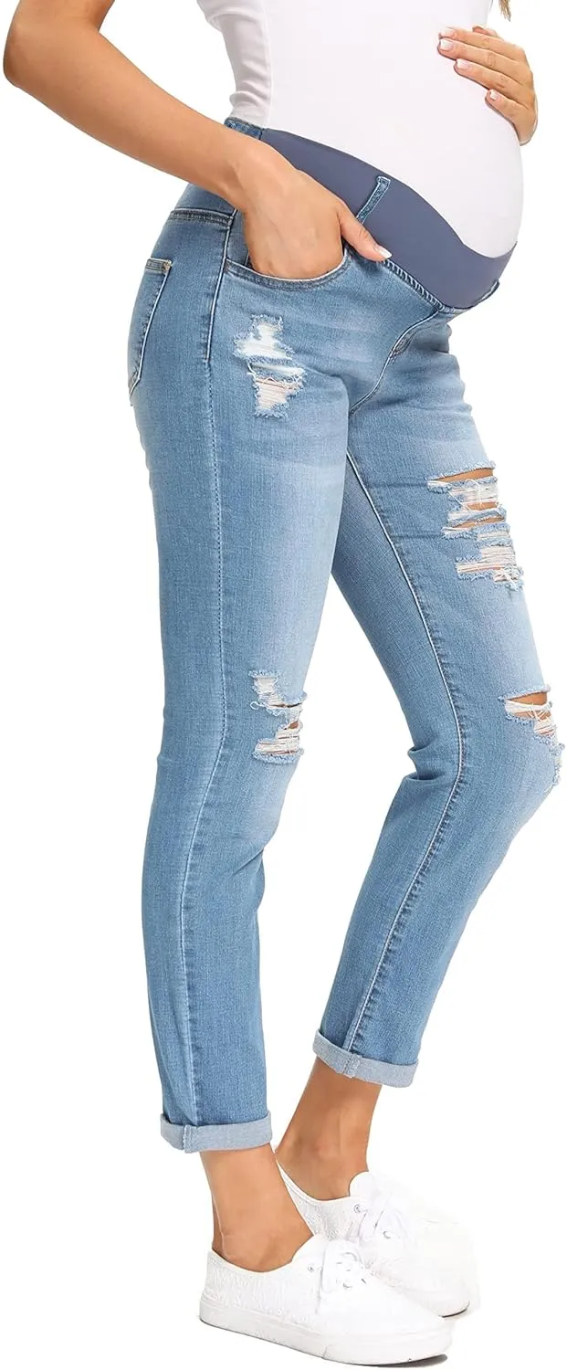 Foucome Women's Maternity Jeans Stretch Ripped Boyfriend Jeans Pregnancy Denim Pants with Pockets