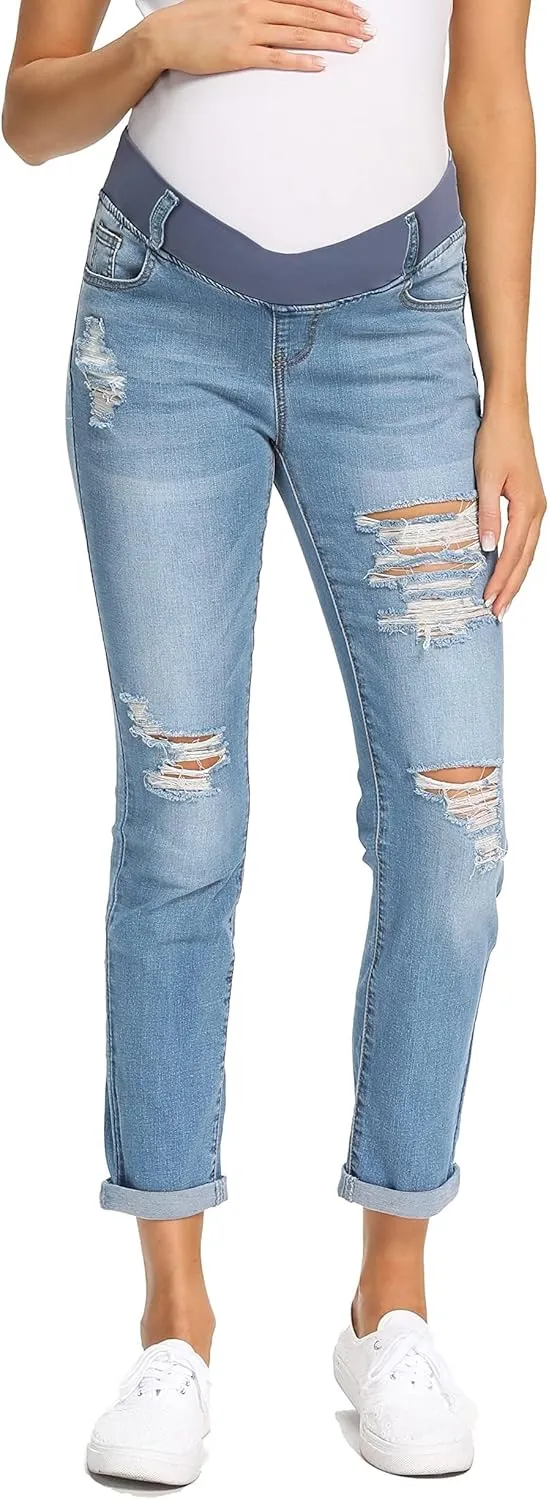 Foucome Women's Maternity Jeans Stretch Ripped Boyfriend Jeans Pregnancy Denim Pants with Pockets