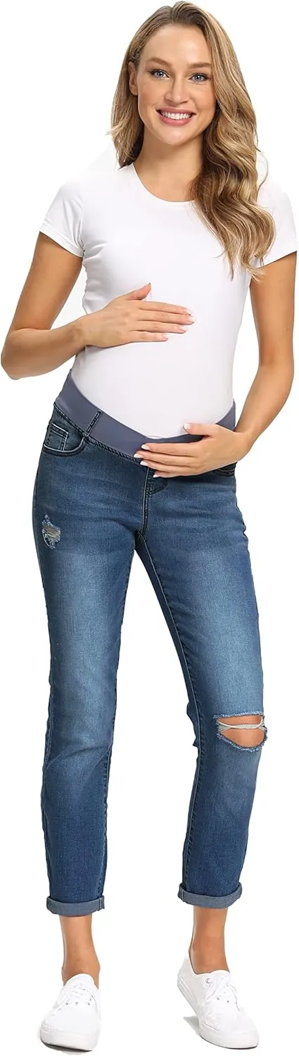 Foucome Women's Maternity Jeans Stretch Ripped Boyfriend Jeans Pregnancy Denim Pants with Pockets