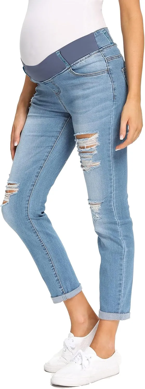 Foucome Women's Maternity Jeans Stretch Ripped Boyfriend Jeans Pregnancy Denim Pants with Pockets