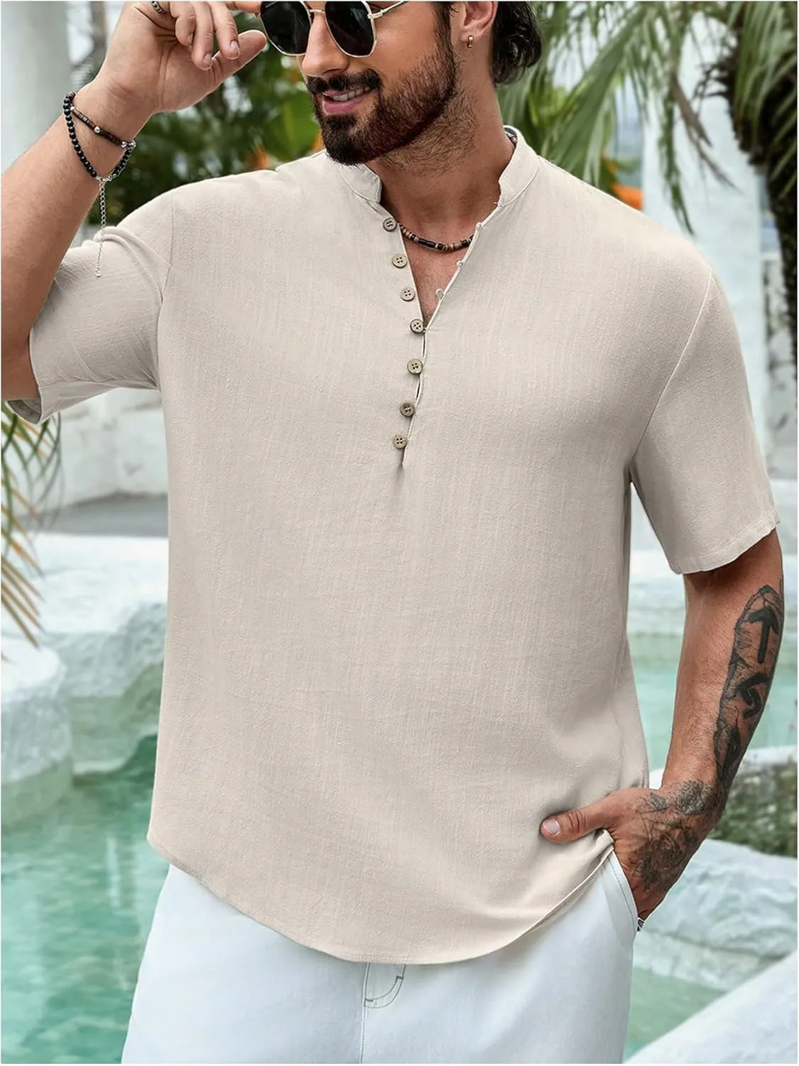 GORGLITTER Men's Deep V Neck Waffle Knit Shirt Casual Short Sleeve Solid Tee Shirts