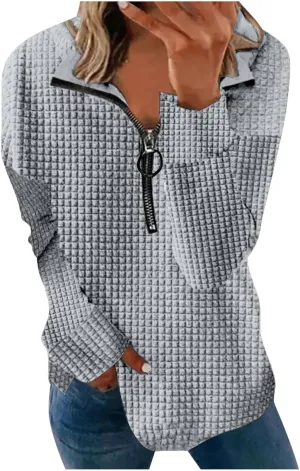 Half Zip Sweatshirt Women 1/2 Zipper Oversized Waffle Quilted Pattern Cropped Pullover Fall Winter Tops