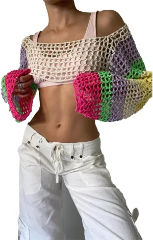 hathne Women Hollow Out Sweater Crop Flounce Off See Through Crochet Top Trumpet Long Sleeve Knit Top