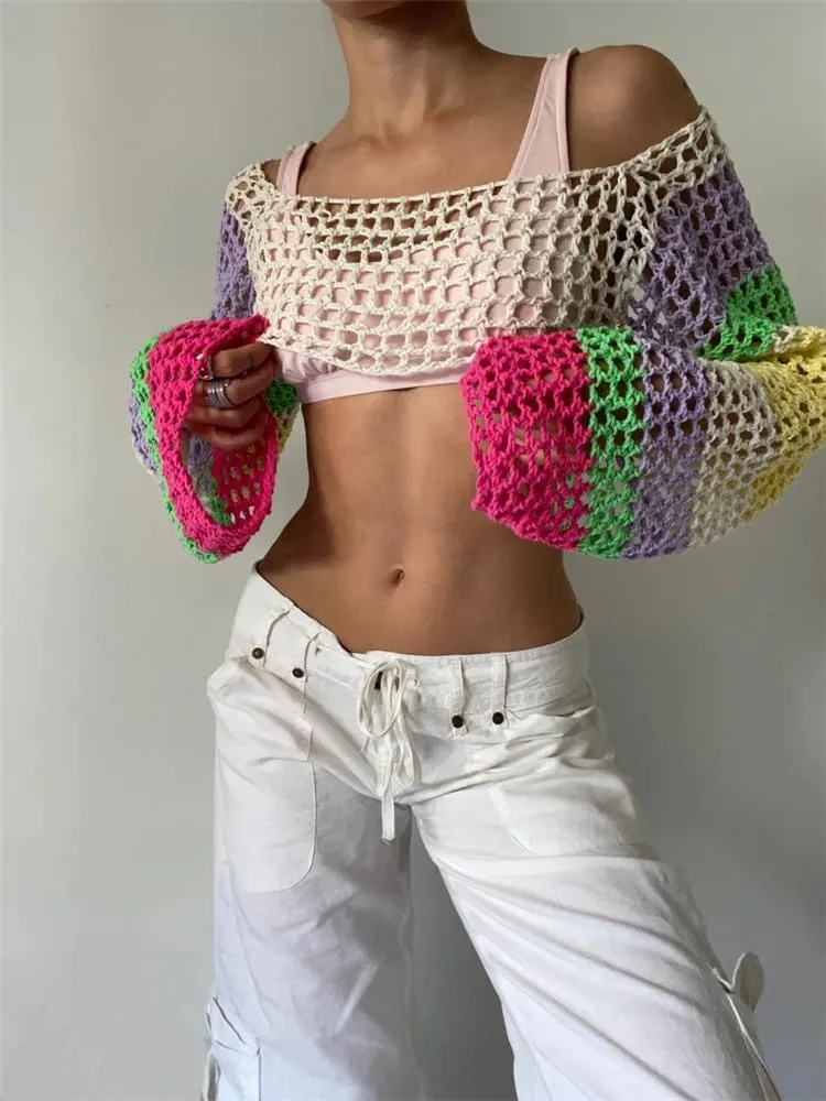 hathne Women Hollow Out Sweater Crop Flounce Off See Through Crochet Top Trumpet Long Sleeve Knit Top