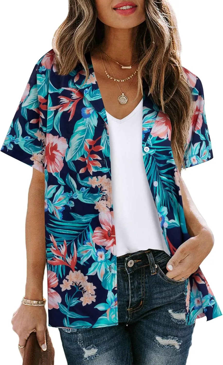 Hawaii Shirt Women Hawaiian Tshirt Floral Leaves Tee Tropic Beach Button Up Summer Vacation