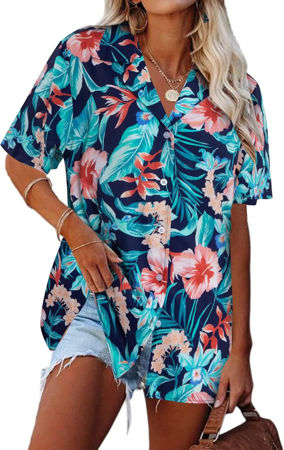 Hawaii Shirt Women Hawaiian Tshirt Floral Leaves Tee Tropic Beach Button Up Summer Vacation