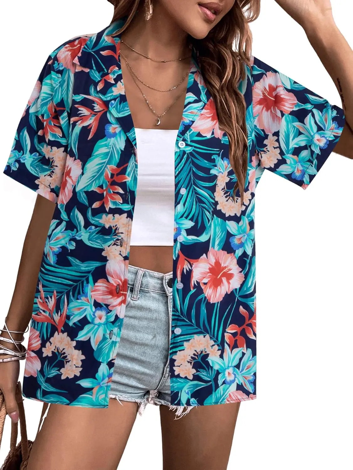 Hawaii Shirt Women Hawaiian Tshirt Floral Leaves Tee Tropic Beach Button Up Summer Vacation