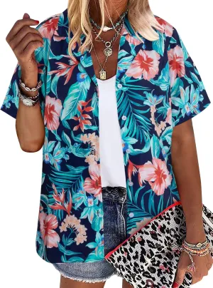 Hawaii Shirt Women Hawaiian Tshirt Floral Leaves Tee Tropic Beach Button Up Summer Vacation