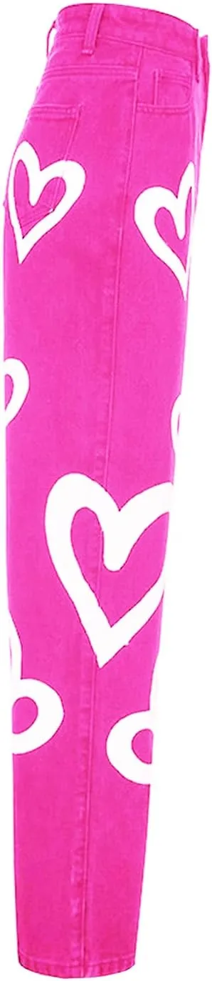 Heart Print Jeans for Women Fashion Wide Leg High Waist Denim Pants Boyfriend Jeans Loose Fit Vintage Jeans for Teen Girls