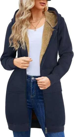 HEEKPEK Women's Long Hoodies Tunic Winter Fleece Jackets Casual Zip up Hoodies Soft Sherpa Sweatshirts Warm Long Coats
