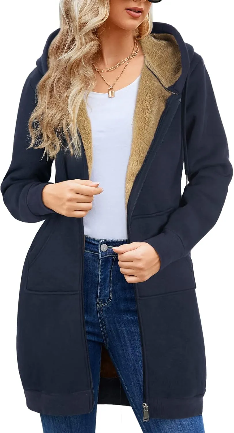 HEEKPEK Women's Long Hoodies Tunic Winter Fleece Jackets Casual Zip up Hoodies Soft Sherpa Sweatshirts Warm Long Coats