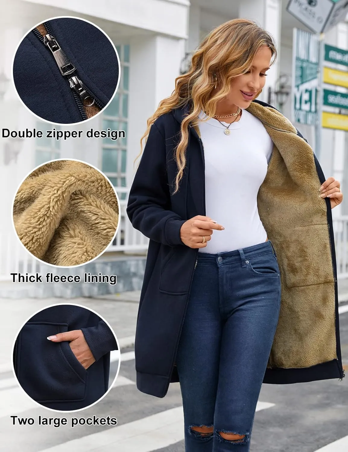 HEEKPEK Women's Long Hoodies Tunic Winter Fleece Jackets Casual Zip up Hoodies Soft Sherpa Sweatshirts Warm Long Coats
