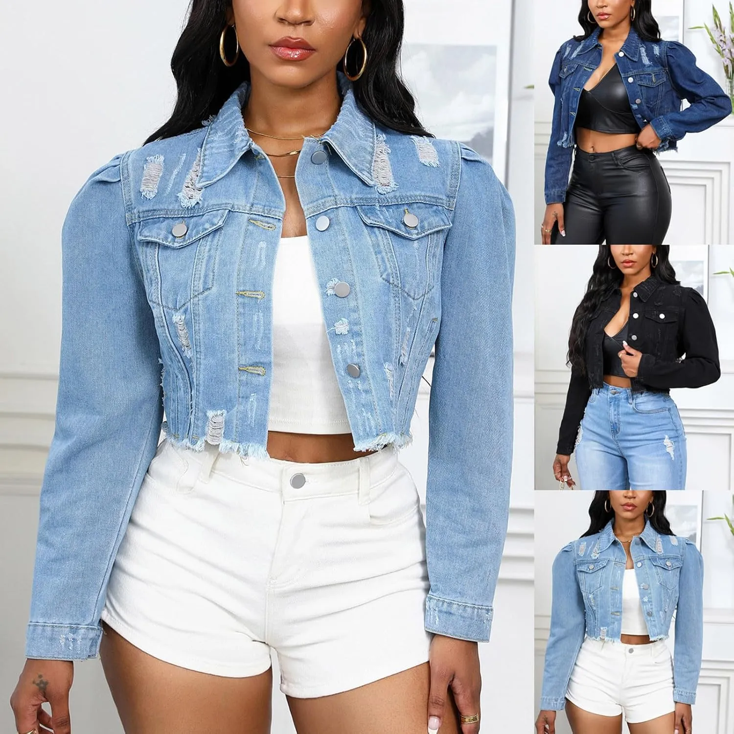 HGps8w Women's Ripped Distressed Washed Cropped Denim Jackets Button Down Long Sleeve Cardigan Outwear with Pockets