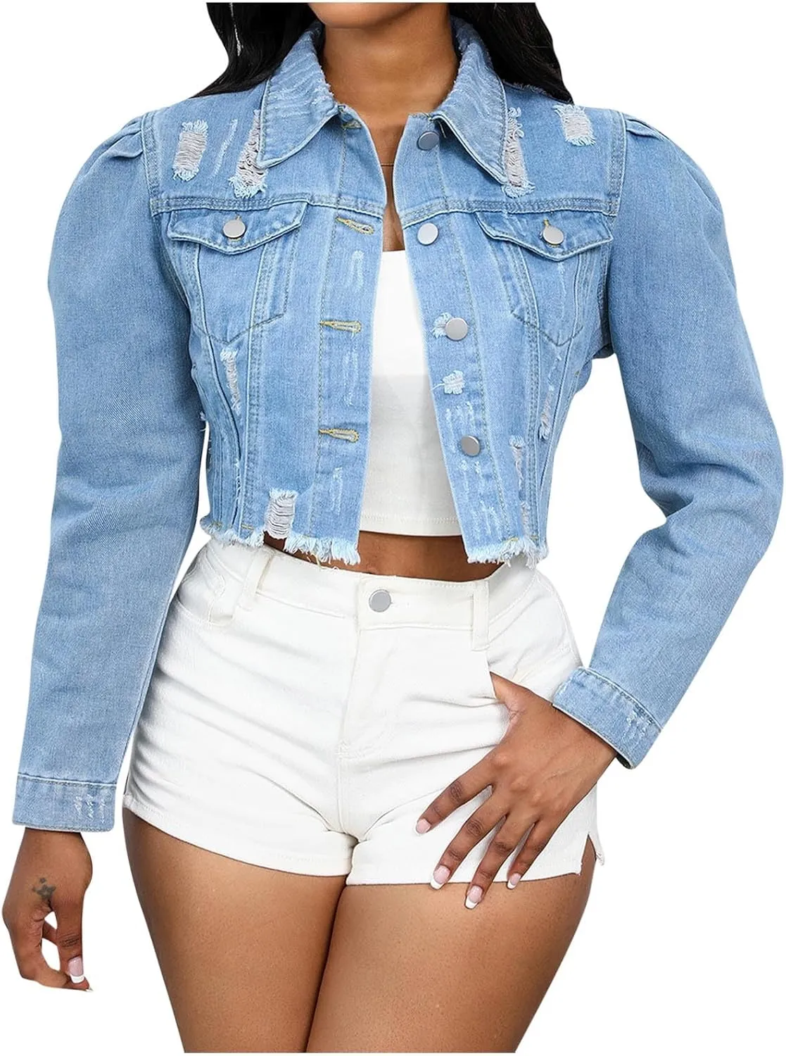 HGps8w Women's Ripped Distressed Washed Cropped Denim Jackets Button Down Long Sleeve Cardigan Outwear with Pockets