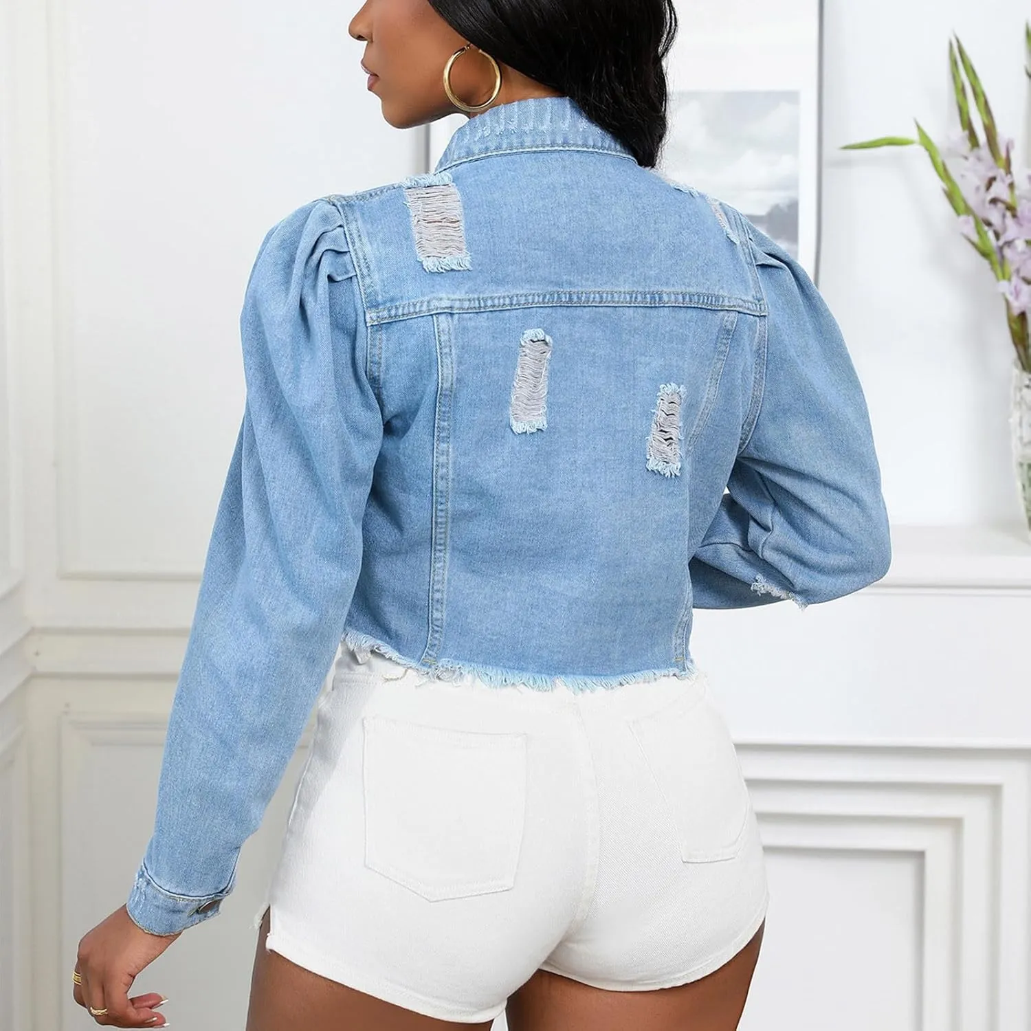 HGps8w Women's Ripped Distressed Washed Cropped Denim Jackets Button Down Long Sleeve Cardigan Outwear with Pockets