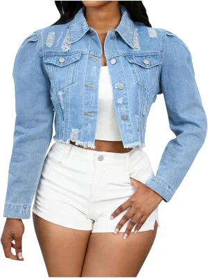 HGps8w Women's Ripped Distressed Washed Cropped Denim Jackets Button Down Long Sleeve Cardigan Outwear with Pockets