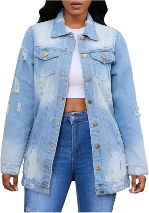 HGps8w Women's Ripped Distressed Washed Denim Jackets Loose Lapel Button Down Long Sleeve Trench Coat Outwear with Pockets