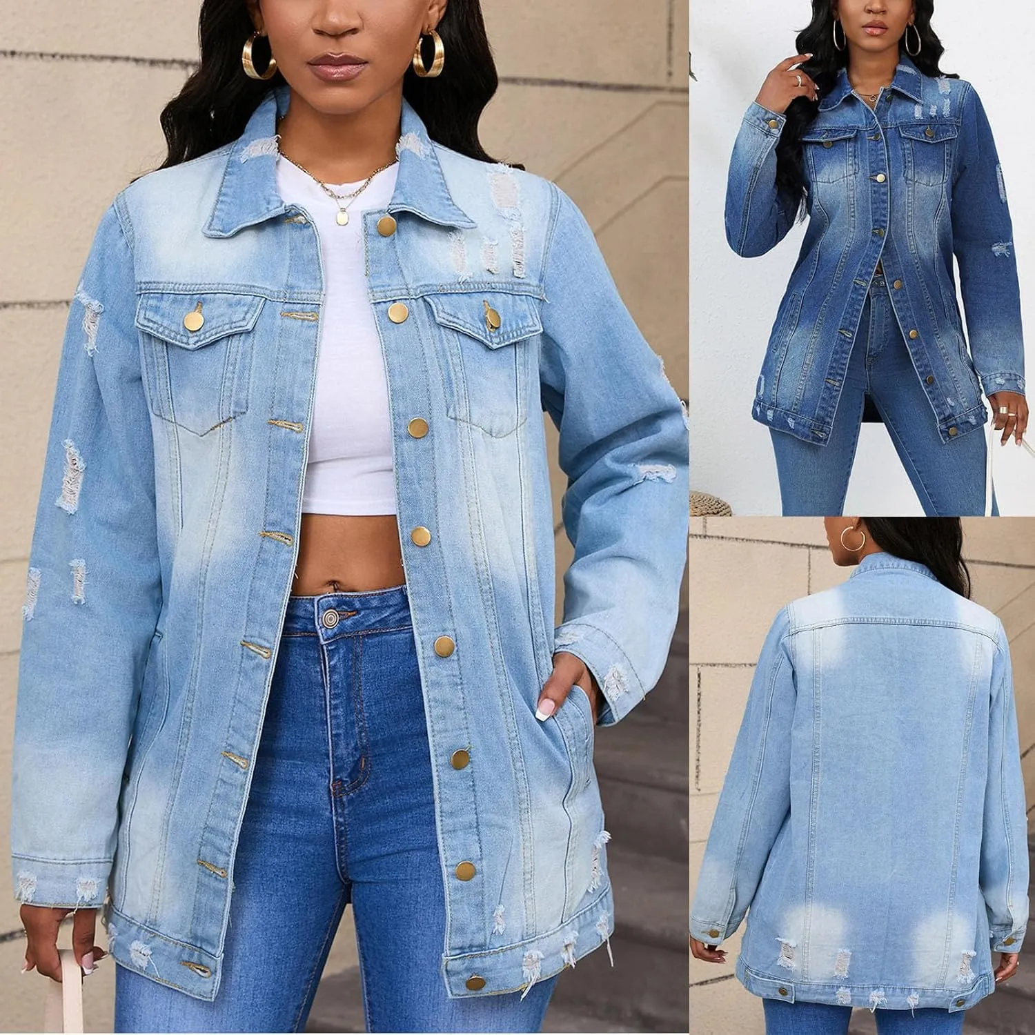 HGps8w Women's Ripped Distressed Washed Denim Jackets Loose Lapel Button Down Long Sleeve Trench Coat Outwear with Pockets