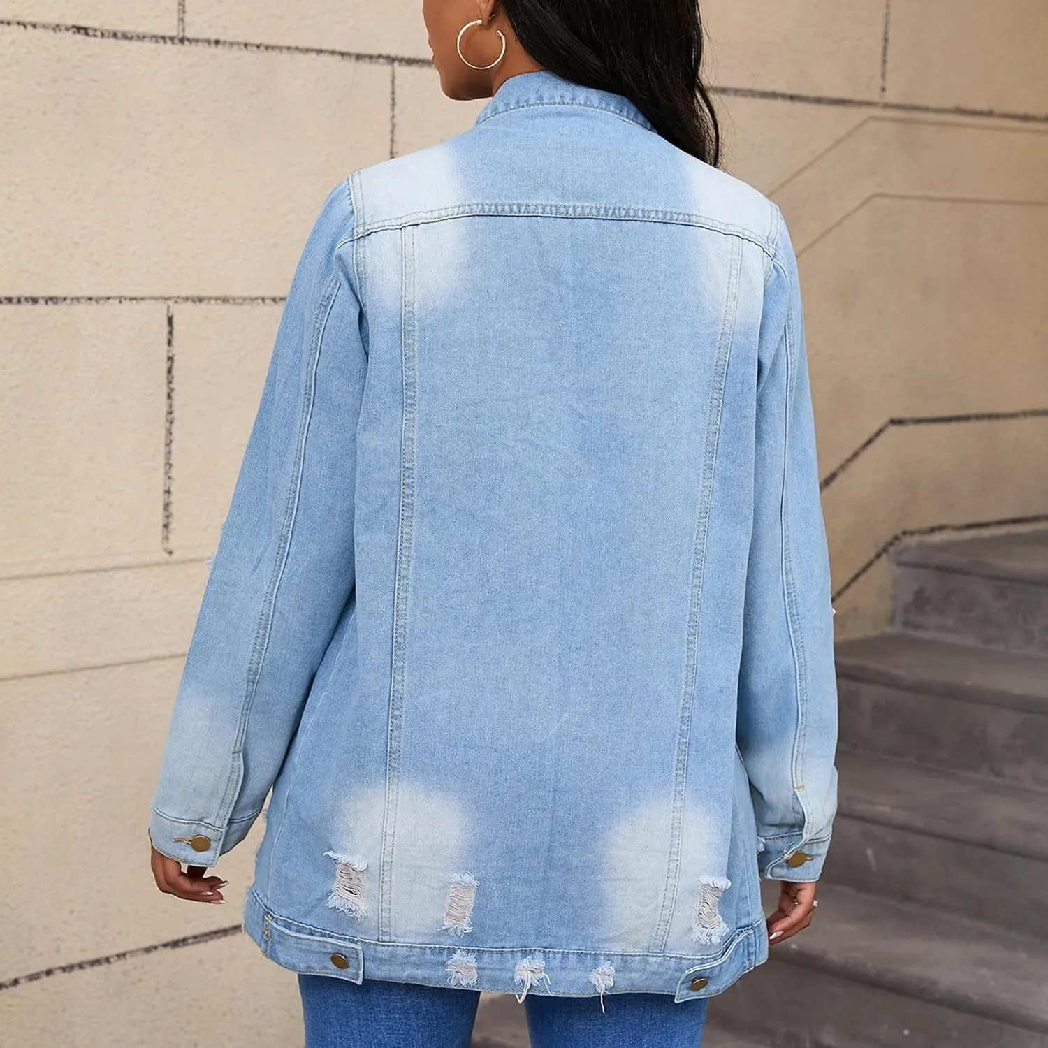HGps8w Women's Ripped Distressed Washed Denim Jackets Loose Lapel Button Down Long Sleeve Trench Coat Outwear with Pockets
