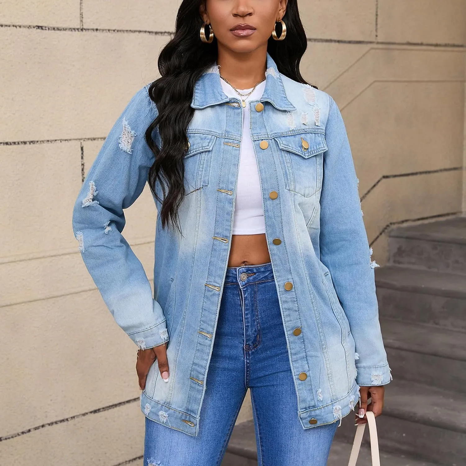 HGps8w Women's Ripped Distressed Washed Denim Jackets Loose Lapel Button Down Long Sleeve Trench Coat Outwear with Pockets
