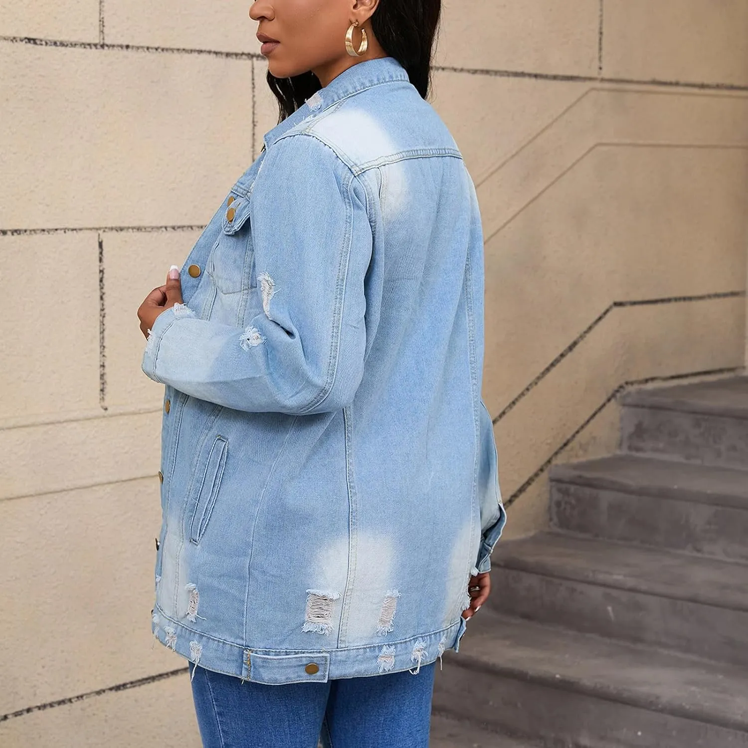 HGps8w Women's Ripped Distressed Washed Denim Jackets Loose Lapel Button Down Long Sleeve Trench Coat Outwear with Pockets