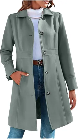HGps8w Women's Winter Woolen Trench Coat Single Breasted Business Casual Midi Long Lapel Jacket with Pockets