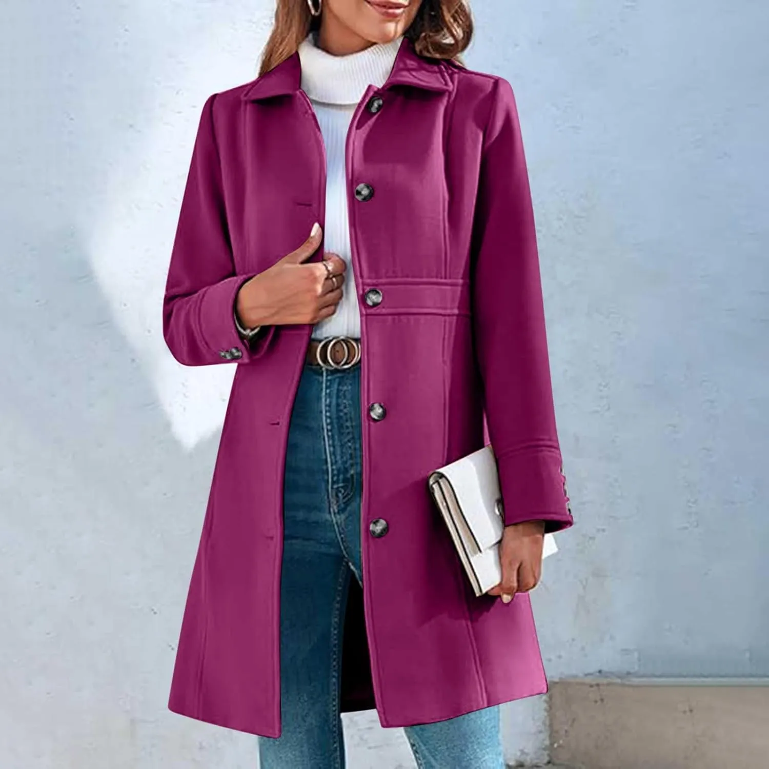 HGps8w Women's Winter Woolen Trench Coat Single Breasted Business Casual Midi Long Lapel Jacket with Pockets