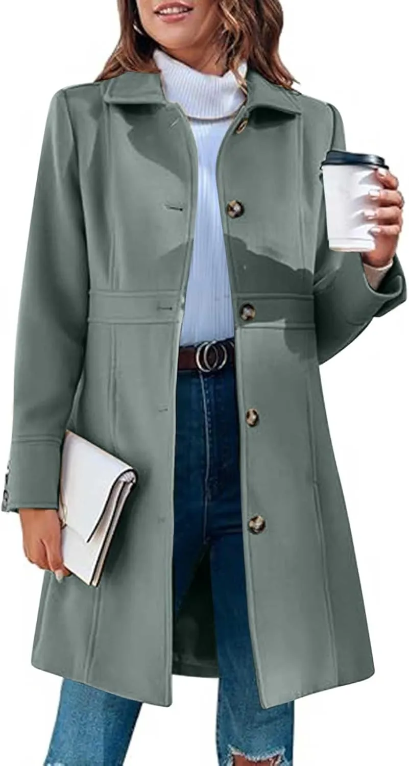 HGps8w Women's Winter Woolen Trench Coat Single Breasted Business Casual Midi Long Lapel Jacket with Pockets