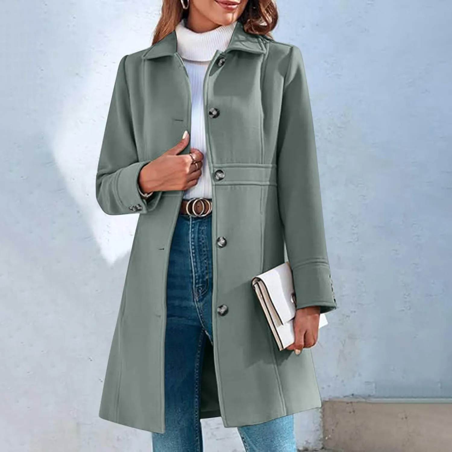 HGps8w Women's Winter Woolen Trench Coat Single Breasted Business Casual Midi Long Lapel Jacket with Pockets