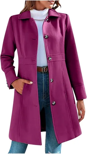 HGps8w Women's Winter Woolen Trench Coat Single Breasted Business Casual Midi Long Lapel Jacket with Pockets