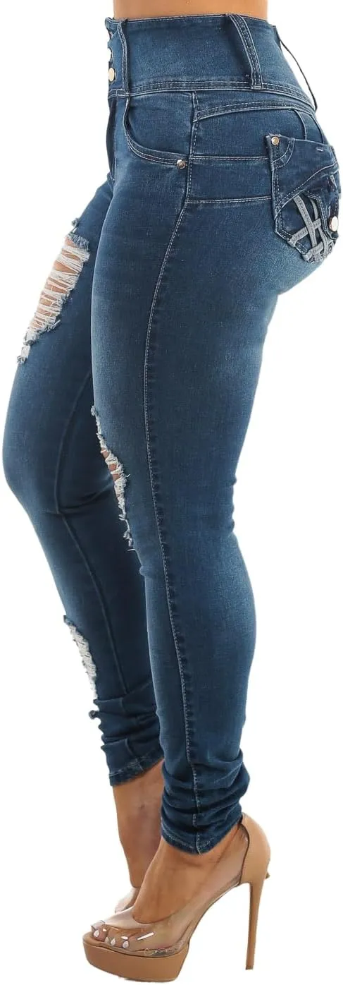 High Waisted Butt Lifting Skinny Jeans - Distressed Levanta Cola Stretchy Jeans