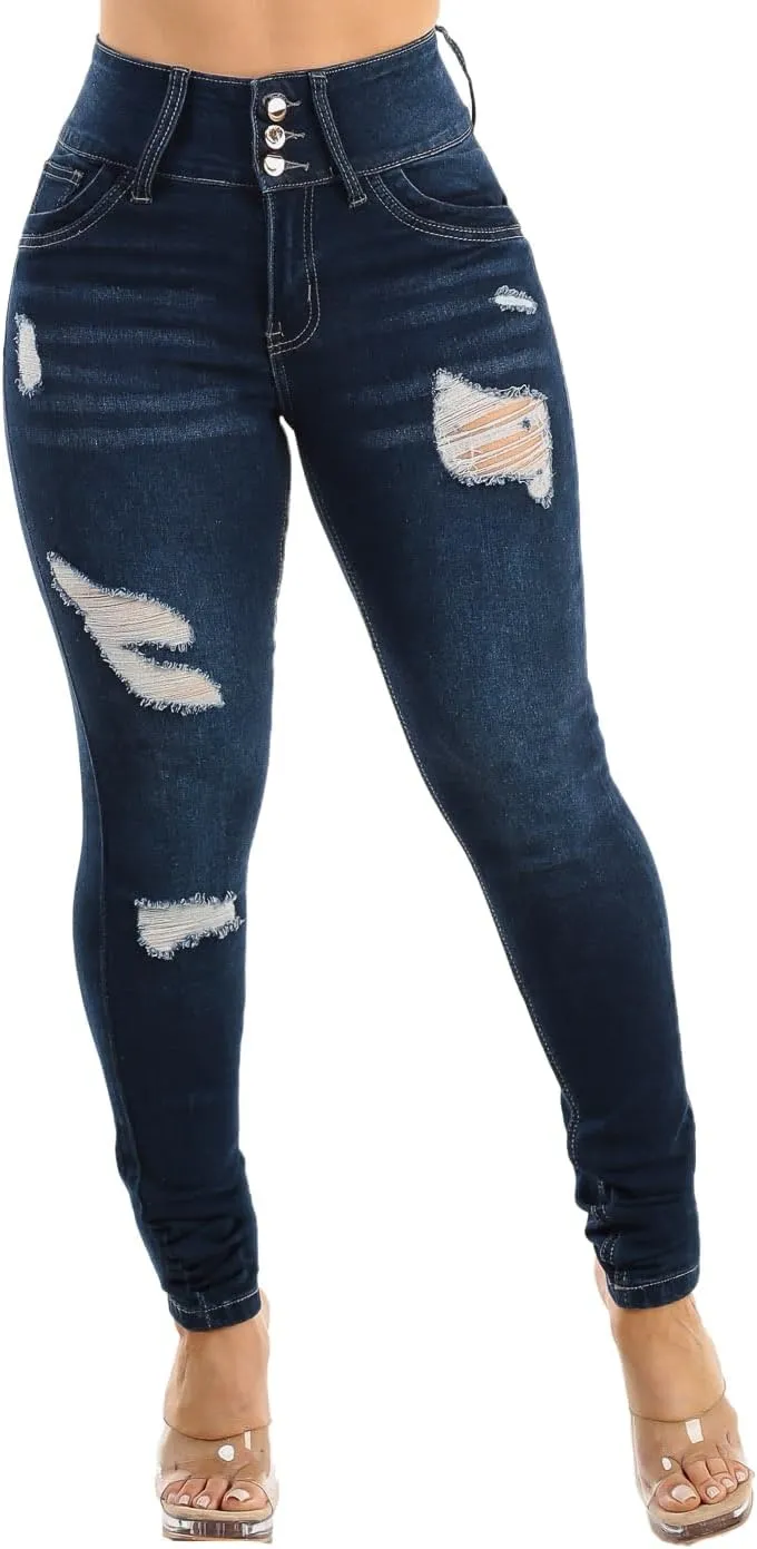 High Waisted Butt Lifting Skinny Jeans - Distressed Levanta Cola Stretchy Jeans