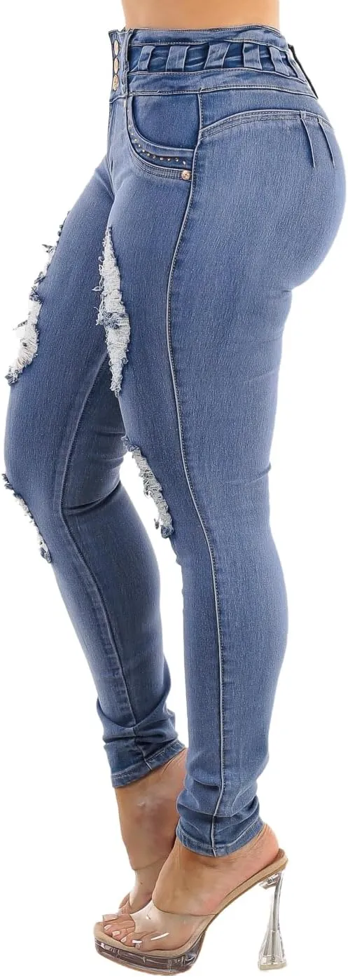 High Waisted Butt Lifting Skinny Jeans - Distressed Levanta Cola Stretchy Jeans