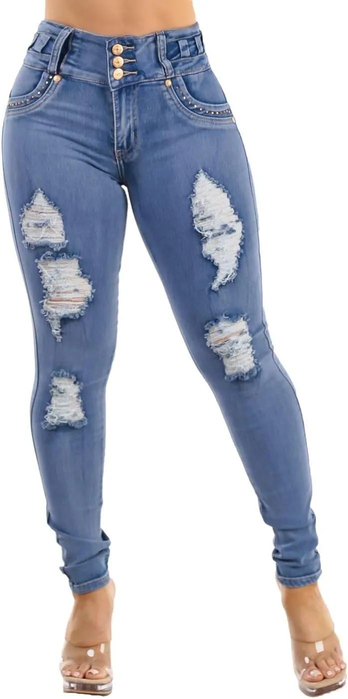 High Waisted Butt Lifting Skinny Jeans - Distressed Levanta Cola Stretchy Jeans