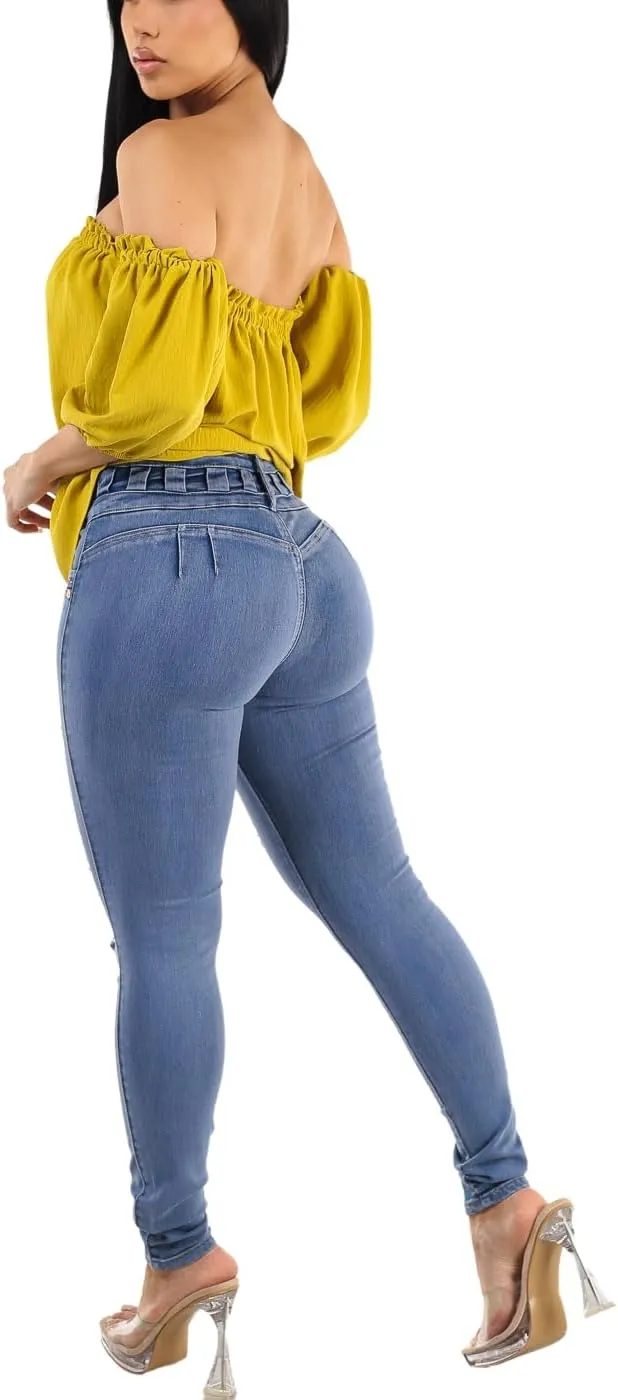 High Waisted Butt Lifting Skinny Jeans - Distressed Levanta Cola Stretchy Jeans